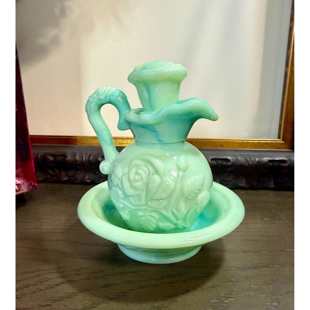 Vintage 1970 Avon Victoriana 6oz Pitcher & Bowl - Turquoise Glass, Skin-So-Soft